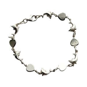 .925 Sterling Silver Puffed Dolphin & Hearts Link Bracelet, Italy 7”